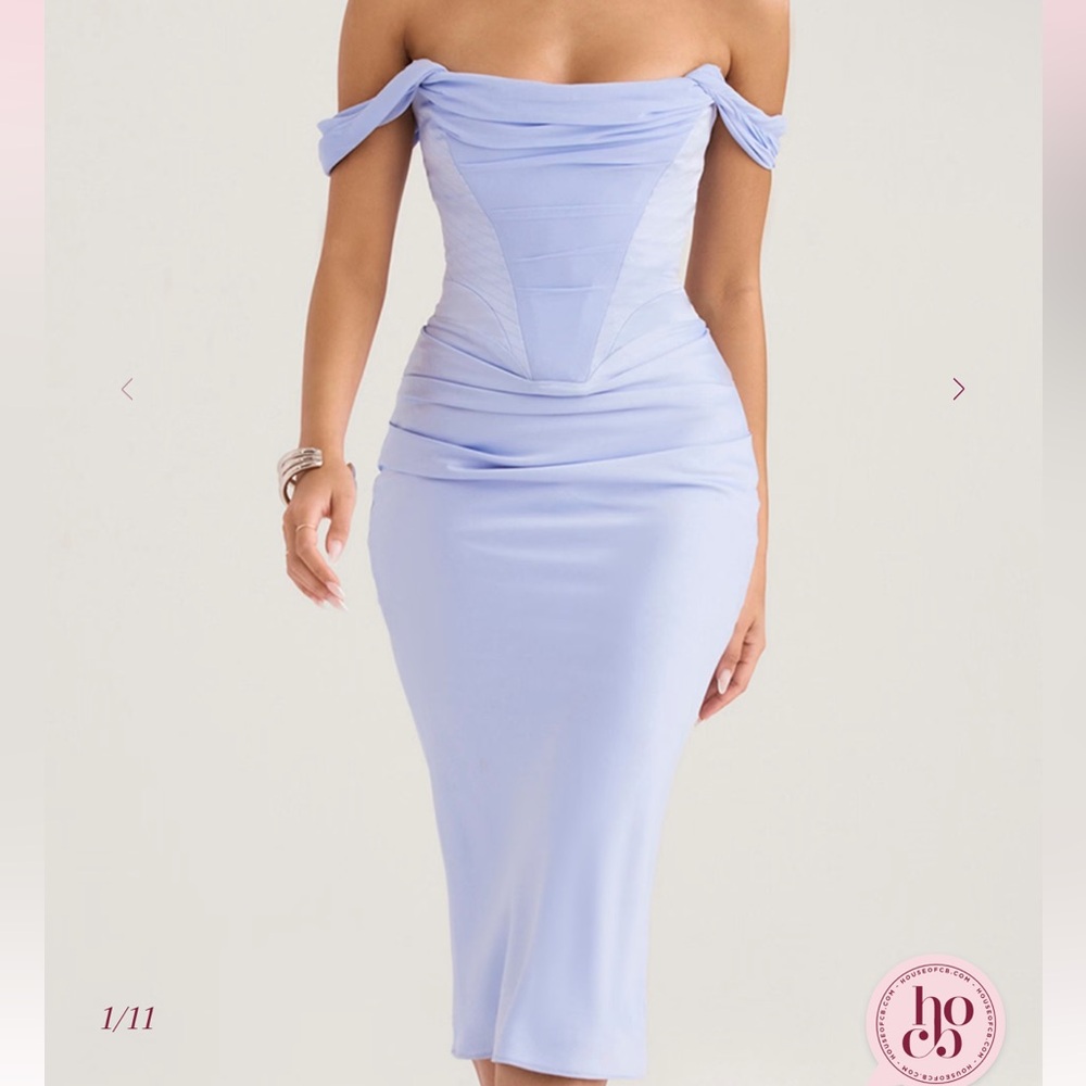 House of CB Natalya Sky Satin Corset Midi Dress